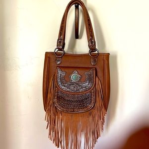 Shyanne brown fringed handbag with turquoise and studs